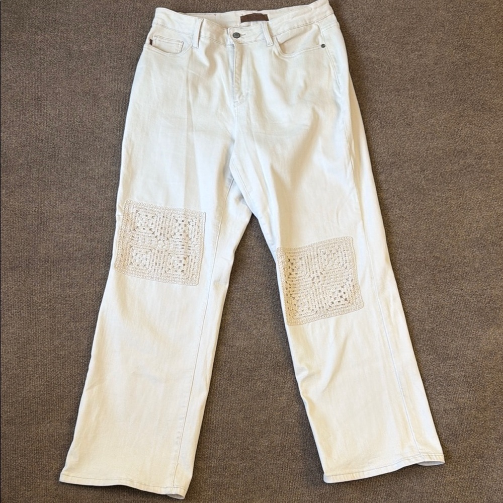 Judy Blue Jeans 16W High Waist Cream Garment Dyed Crochet Patches